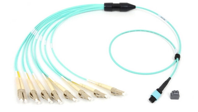 MPO Female to 8 LC Duplex Fiber Breakout Cable, 16 Fiber, 50/125 Multimode OM4